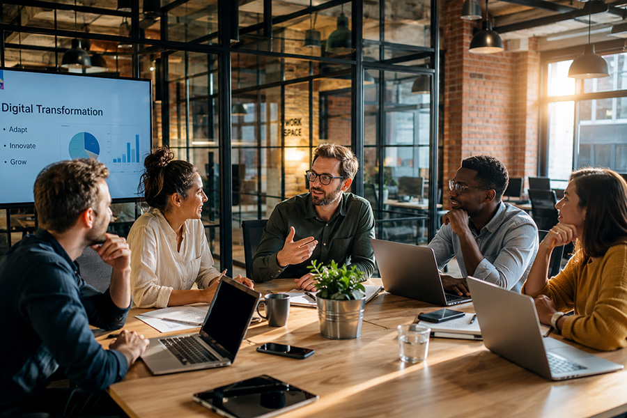 Colleagues in a strategy meeting discussing plans
